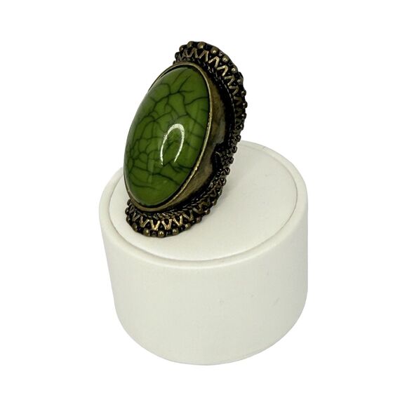 Green Glass Full Finger Brass Ring 6.5 Bohemian Ethnic Boho Chic - Picture 8 of 16